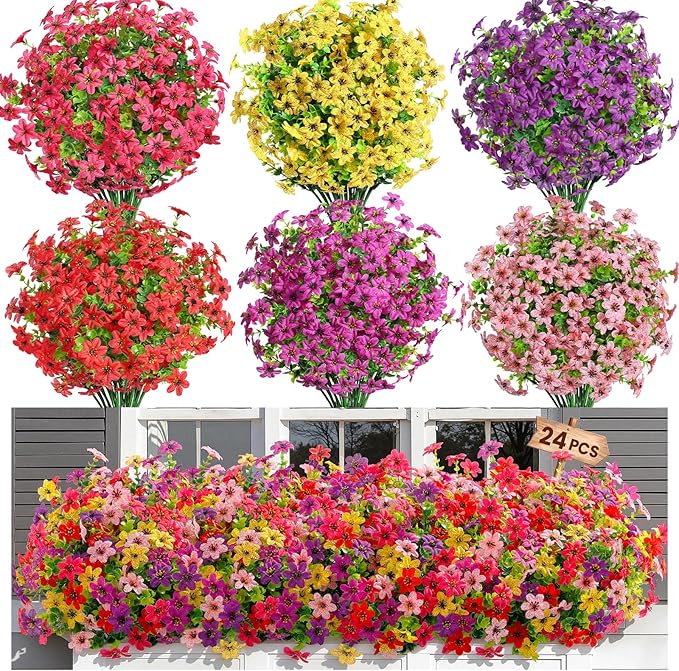 SHareconn 24 Bundles Artificial Flowers for Outdoors Spring Decoration, Fake Silk Realistic Faux Plants UV Resistant for Outside Planter Porch Patio Indoor Decor, RedRosePurpleYellowPinkDeeppurple