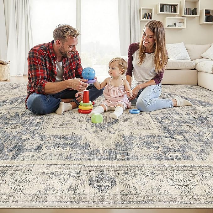 8x10 Area Rugs for Living Room - Large Carpet Ultra Thin Soft Washable Oriental Vintage Floral Distressed Big Indoor Carpets for Bedroom Nursery Dorm Home Decor Aesthetic - Blue Beige