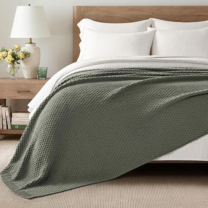 EVERGRACEHOME Chunky Polyester Knit Throw Blanket for Couch, Soft Luxurious Oversized King Moss Stitch Blanket for Bed, Large Cozy Farmhouse Knitted Throw for Sofa, Dried Thyme, 108" x 92"