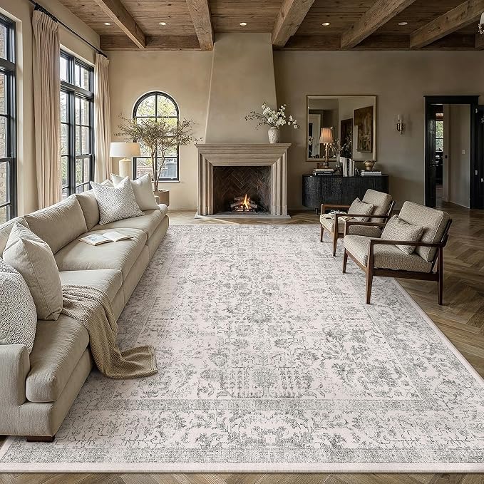 PureCozy Gray Area Rug 10x14 Machine Washable Large Vintage Living Room Distressed Non Slip Carpet Traditional Indoor Bedroom Grey Retro Floral Accent Throw Rug for Office Kitchen Dining Room