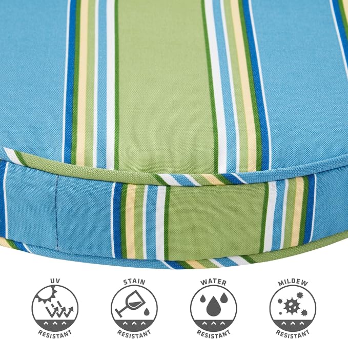 Set of 2 Outdoor 18 inch Round Patio Dining Chair Pads – Comfortable Fiber-Filled Seat Cushions with Ties, Reversible Polyester Fabric, Cayman Stripe