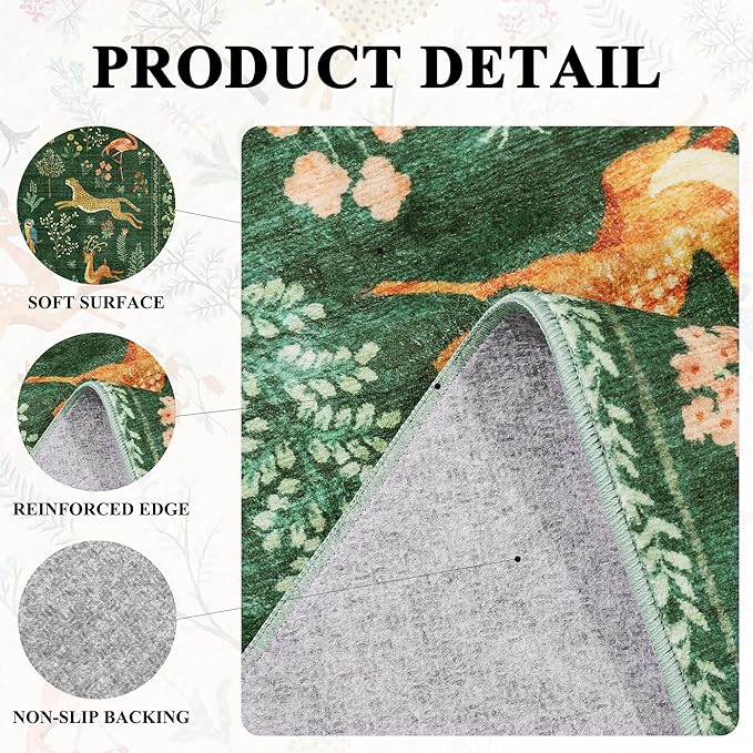 DUKINO Runner Rug, 2x8 Boho Kitchen Rug for Hallways with Low Pile Design, Washable Non Slip Backing Soft Floral Runner for Kitchen, Hallway, Entryway, Bedroom, Laundry, Green