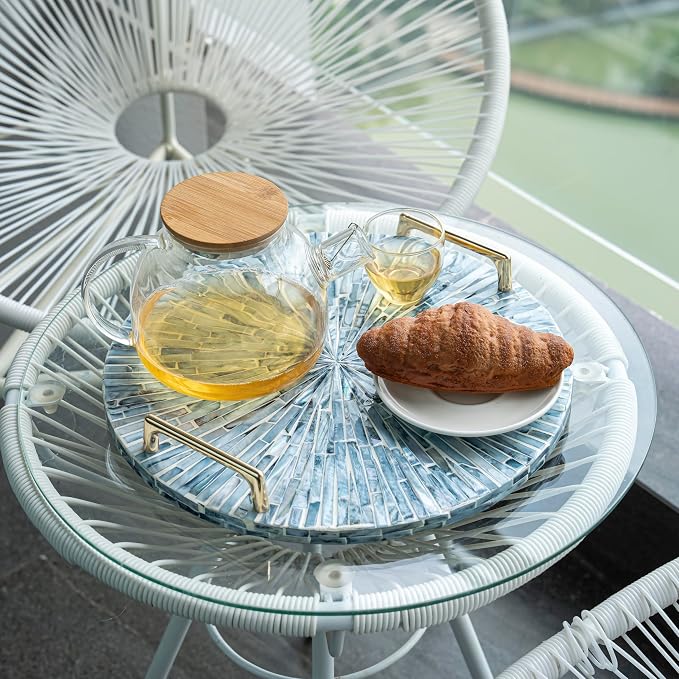 PEMAR Mother of Pearl Decorative Tray, 13" Round Versatile Display and Serving Tray with Gold Handles, Vanity/Perfume/Trinket Catchall for Dresser, Bathroom, Vanity Table (Blue Starburst)