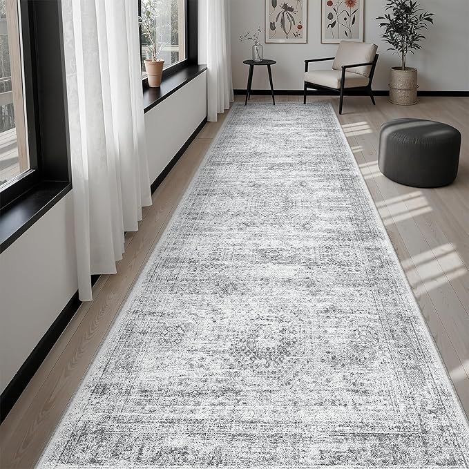 Soalmost Runner Rug 3x10 Washable Non-Slip Hallway Runner Rugs for Kitchen Bathroom Laundry Room Grey Vintage Floor Carpet Runners for Hallways Entryway