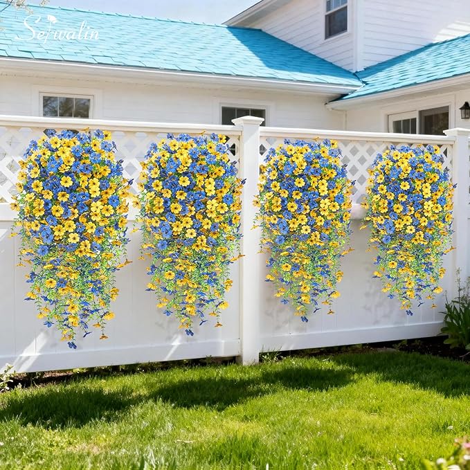 Serwalin 6PCS Artificial Hanging Flowers for Outdoors, UV Resistant Fake Hanging Plants, Realistic Weatherproof Outdoor Decor for Patio, Porch, Garden & Window (Yellow& Blue,6PCS)