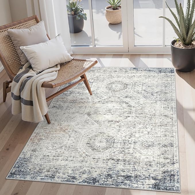 Soalmost 4x6 Area Rugs for Living Room, Vintage Washable Rugs for Dining Room, Bedroom, Home Office Decor, Non-Slip Blue Ivory Carpet Thin Rug