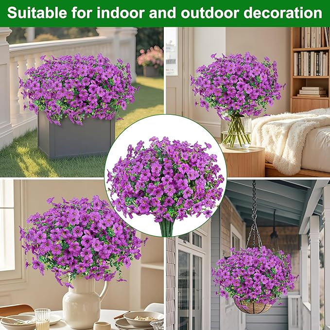 Ouddy Decor 12 Bundles Artificial Flowers for Outdoors Fake Silk Flowers UV Resistant Faux Plastic Plants for Spring Summer Garden Porch Window Box Table Vase Home Indoor Outdoor Decoration, Purple