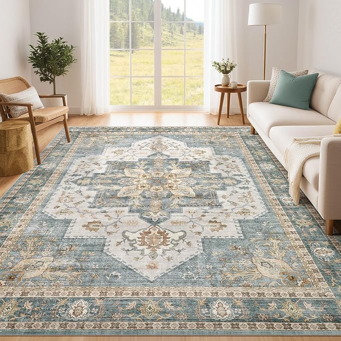 Tortania Area Rug Living Room Rugs - 6x9 Washable Boho Rug Vintage Oriental Distressed Farmhouse Large Thin Indoor Carpet for Living Room Bedroom Under Dining Table Home Office - Muted Teal