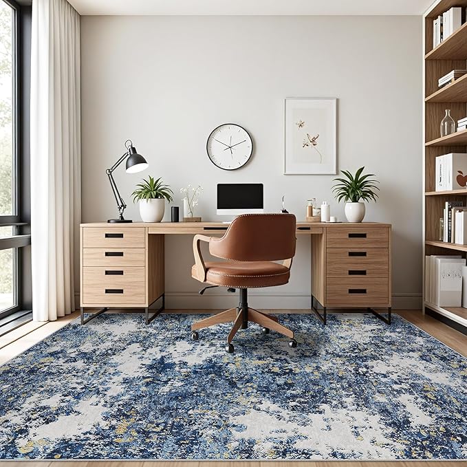 10x14 Area Rugs Living Room Rugs: Large Washable Rug with Anti-Slip Backing Non-Shedding Stain-Resistant Soft Abstract Carpet for Bedroom Dining Room Nursery Home Office-Blue/Multi
