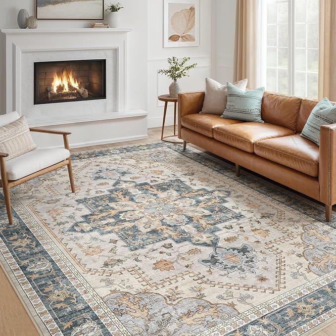Tortania Area Rug Living Room Rugs - 6x9 Washable Boho Rug Vintage Oriental Distressed Farmhouse Large Thin Indoor Carpet for Living Room Bedroom Under Dining Table Home Office - TealTaupe