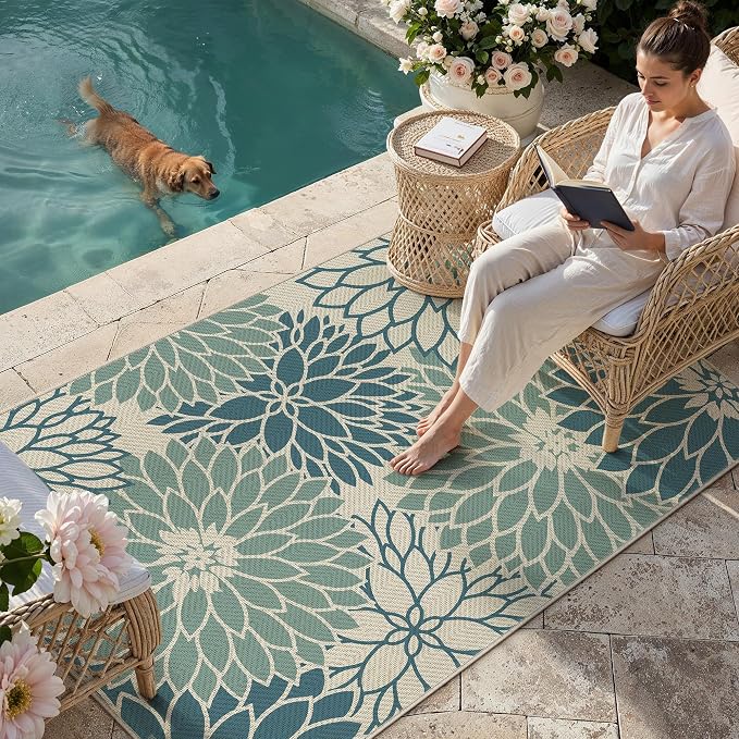 HUGEAR 3'x5' Waterproof Blue Floral Outdoor Rug Patio Linen-Look Floor Mat for Camping RV Outside Area Rug Deck Porch Balcony Backyard Picnic Beach Carpet Home Decor