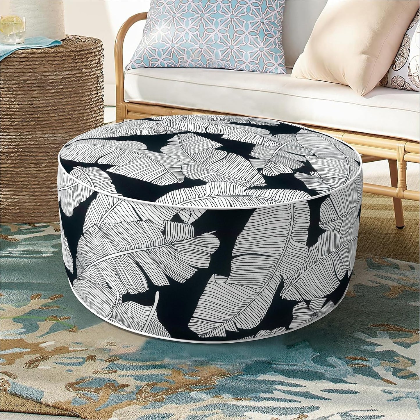 Inflatable Ottoman Stool D21 xH9 for Outdoor/Indoor Use, Water Repellent Patio Foot Rest Stool with Portable Handle,Round Pouf Ottoman Suitable for Garden,Deck and Camping - Black Leaves