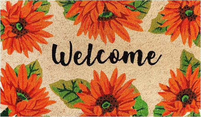 A1HC Natural Coco Coir Door Mat Orange Sunflower Doormat with Heavy Duty Non-Slip PVC Backing - 18" x 30" - Easy to Clean, Welcome Mat for Home, Low-Profile Durable Doormat