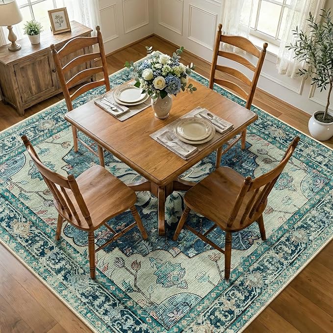 RELEANY Area Rugs Square 7ft Washable Non-Slip, Floral Vintage Distress Print Pattern Medallion Carpet for Living Room Bedroom Dining Room, Dark Blue Vintage