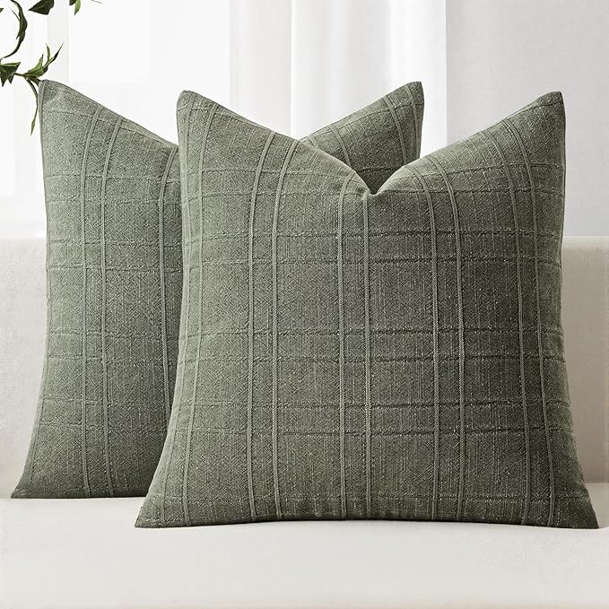 MIULEE Decorative Linen Check Euro Shams Throw Pillow Covers Neutral Farmhouse Vintage Spring Pillow Covers 28x28 Set of 2 Boho Modern Home Decor for Sofa Couch Bedroom Cushion Olive Green