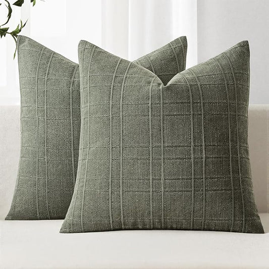 MIULEE Decorative Linen Check Euro Shams Throw Pillow Covers Neutral Farmhouse Vintage Spring Pillow Covers 28x28 Set of 2 Boho Modern Home Decor for Sofa Couch Bedroom Cushion Olive Green
