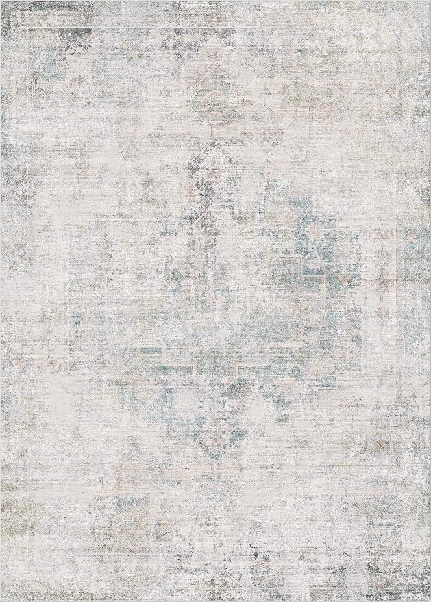 Hazo Haus Modern Farmhouse Area Rug for Living Room - 10x14 Blue Gray Big Rug for Dining Room Table, Lightweight Foldable Low Pile Washable