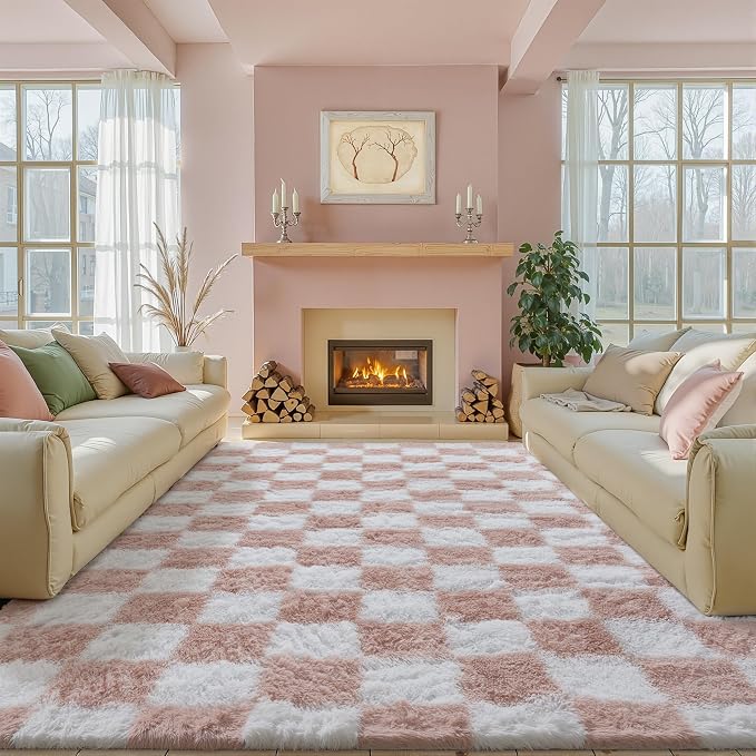 PureCozy Checkered Rug 9x12 for Living Room, Pink and White Modern Shag Rugs Super Soft Washable Indoor Office Fuzzy Carpet Non-Slip Fluffy Rugs for Bedroom Home Aesthetic Decor