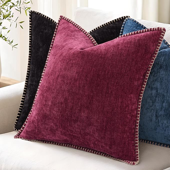 decorUhome Chenille Soft Cozy Throw Pillow Covers 20x20 Set of 2, Modern Farmhouse Boho Velvet Decorative Pillow Cases with Stitched Edge for Couch Sofa Bed Home Decor, Rhododendron