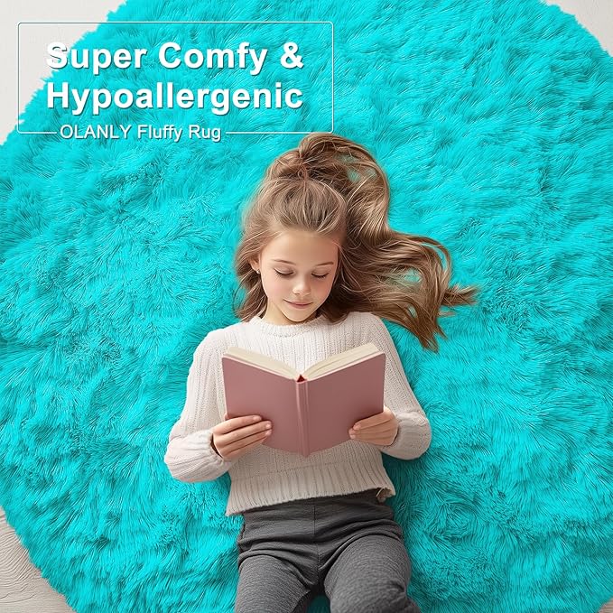 OLANLY Teal Blue Round Rugs for Bedroom - Machine Washable, 3 ft Circle Area Rugs for Living Room, Soft and Fluffy Shaggy Carpet for Teen Girls and Boys, Nursery Rooms, Dorms, Home Decor Aesthetic