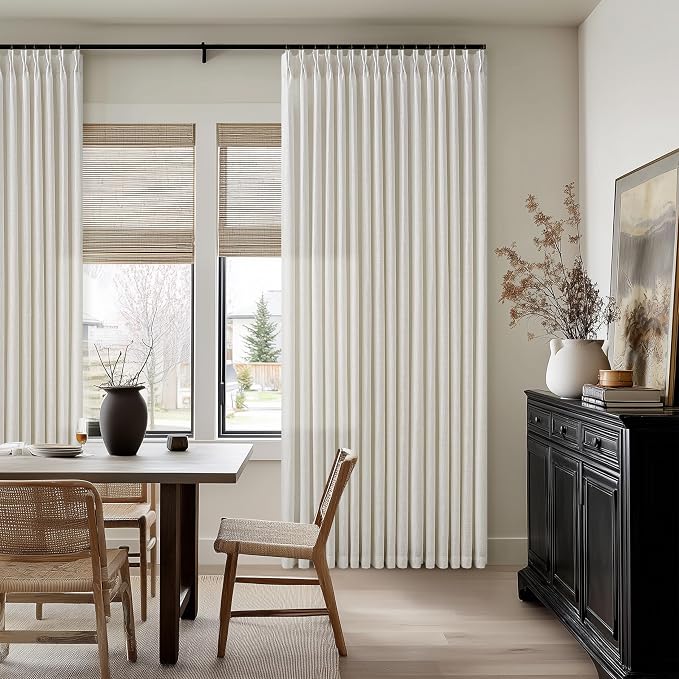 Pleated Linen Curtains 112 Inches Long for Living Room 2 Panels Semi Sheer Light Filtering Pinch Pleat with Rings Hooks Back Tab Drapes Neutral Boho 112 Inch Curtain for Bedroom Window Cream Ivory