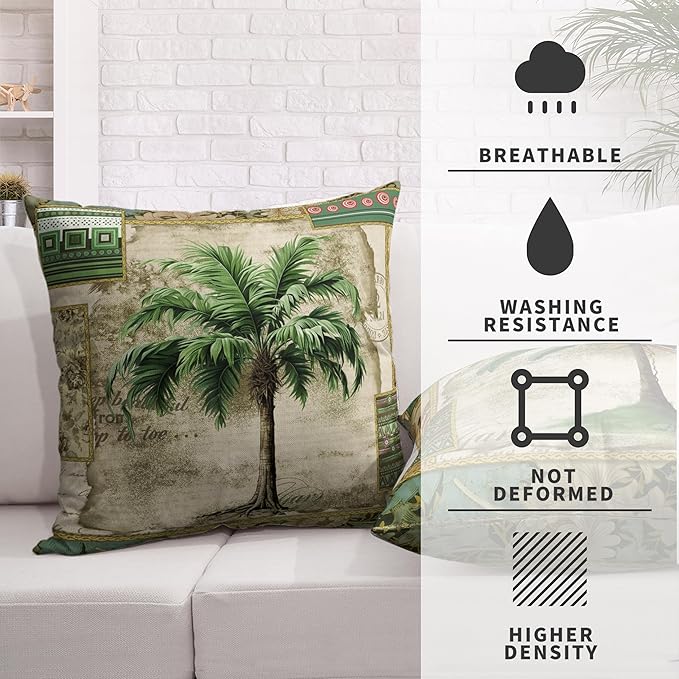 Tropical Palm Banana Tree Pillow Covers Hawaii Coconut Tree Throw Pillow Covers Set of 2 Vintage Cotton Linen Cushion Case 16x16 for Living Room Indoor Outdoor