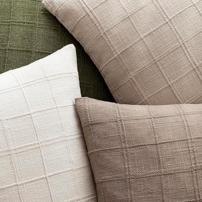 Foindtower Set of 2 Decorative Linen Check Throw Pillow Covers Neutral Farmhouse Vintage Cushion Covers Modern Boho Home Decor for Sofa Chair Couch Bedroom Living Room,16×16 Inch,Tan Taupe