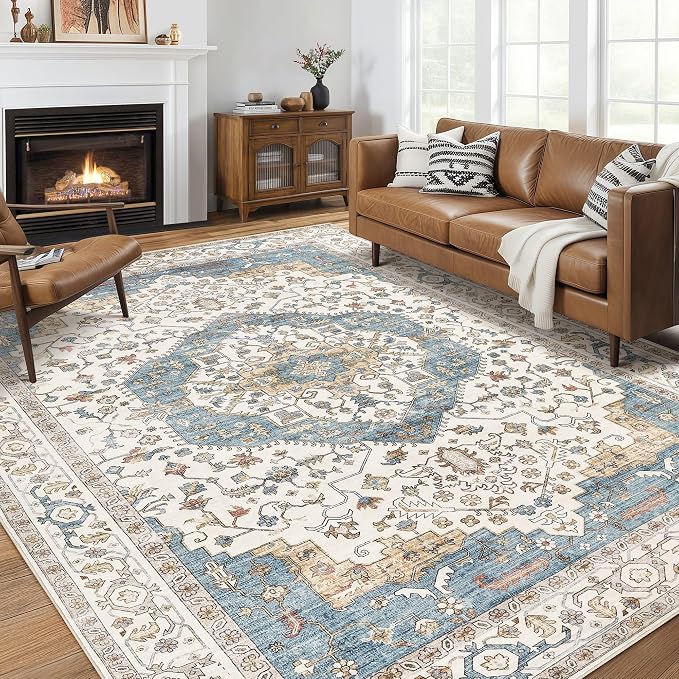 12x18 Area Rugs for Living Room - Large Carpet Ultra Thin Soft Washable Oriental Vintage Floral Distressed Big Indoor Carpets for Bedroom Nursery Dorm Home Decor Aesthetic - Blue/Beige
