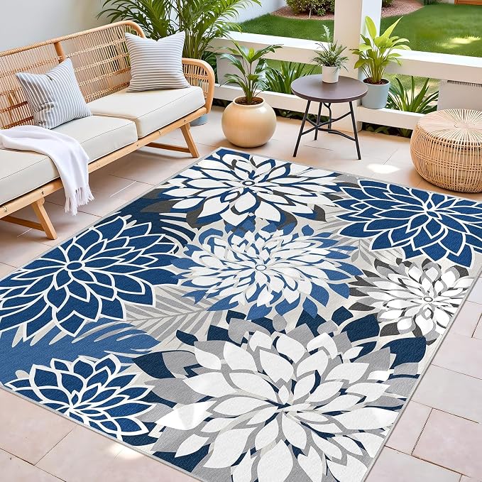 4x6 Outdoor Area Rug Washable Multicolored Patio Rug Tropical Botanical Floral Chenille Waterproof Outdoor Carpet for Living Room, Deck, Backyard, Porch, Blue