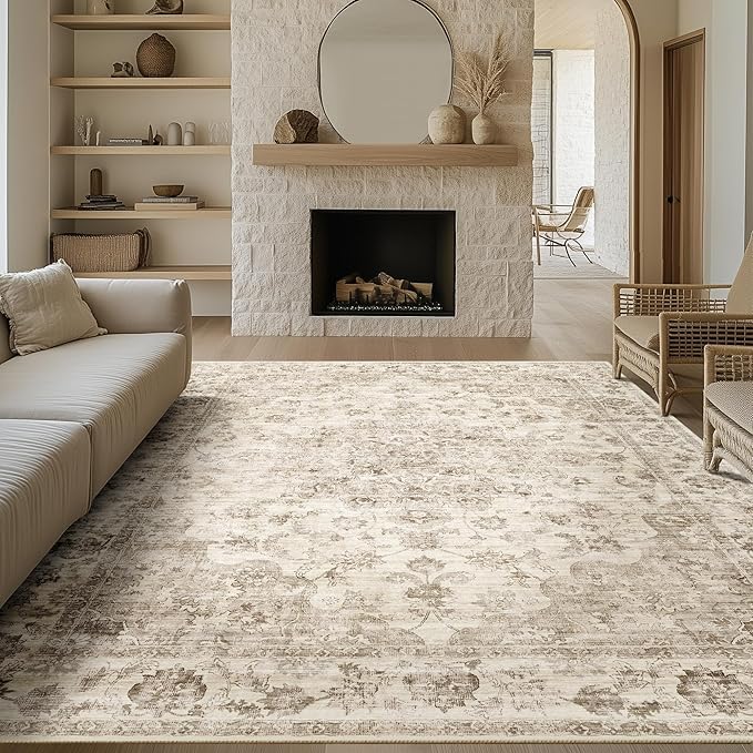9x12 Neutral Area Rug Beige Vintage Living Room Bedroom Carpet Non-Slip Medium Pile Thicker Floral Indoor Large Throw Rug for Dining Room Office