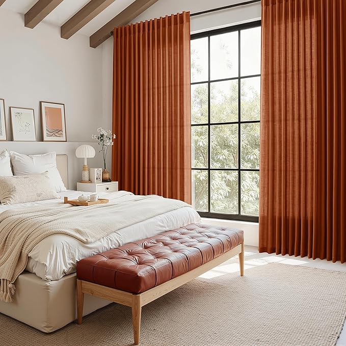 Nanspring Extra Wide Terracotta Curtains for Living Room 102 Inches Long Back Tab and Rod Pocket Linen Semi Sheer Farmhouse Boho Floor to Ceiling Curtain for Bedroom Office Luxury 100x102, 2 Panels