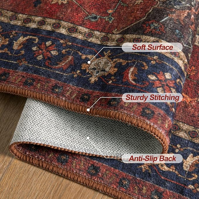 Tangsoo Oriental 2x3 Washable Rugs, Red Vintage Non Slip Small Area Rug Carpet, Indoor Front Door Rug for Entryway, Door Mat Indoor Entrance Soft Low Pile Throw Rugs for Entry Kitchen Bedroom