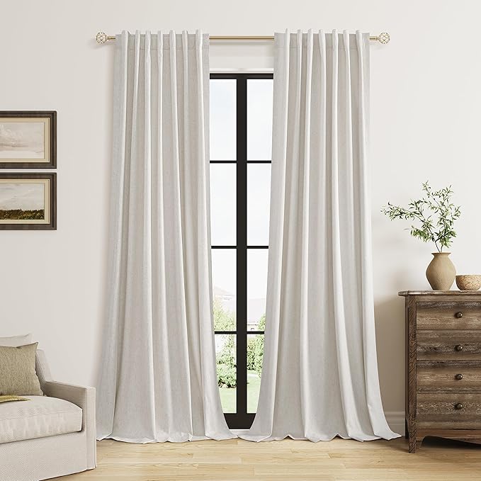 Guken Light Beige 100% Blackout Curtains 102 Inch Length 2 Panels Set for Living Room Bedroom Back Tab Winter Thermal Insulated Black Out High End Linen Drapes Room Darkening Window Curtain