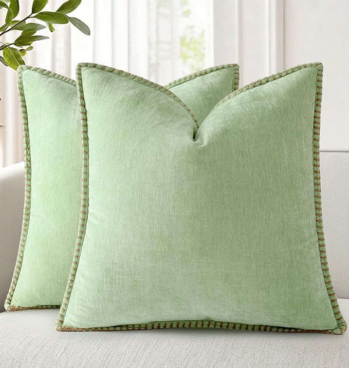 decorUhome Summer Chenille Soft Cozy Throw Pillow Covers 26x26 Set of 2, Modern Farmhouse Boho Velvet Decorative Euro Sham Pillow Cases with Stitched Edge for Couch Sofa Bed Home Decor, Sage Green