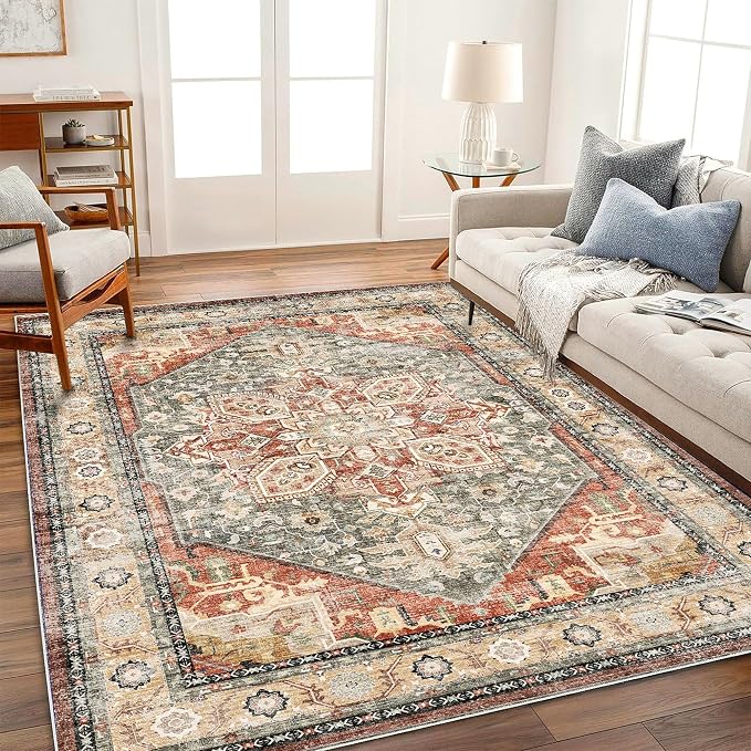 CHAMPLANT Washable Area Rug 10'x14' Red Khaki Retro Flowers Boho Design Non-Shedding Easy Care Ideal for High Traffic Areas in Living Room Bedroom Office Coffee Table Kitchen Large Carpet