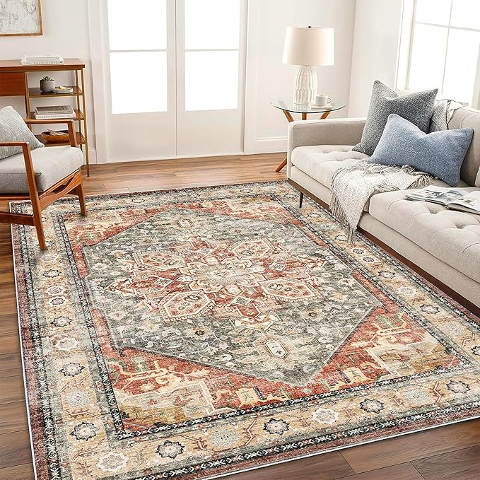 CHAMPLANT Area Rug 6'x9' Red Khaki Washable Vintage Traditional Floor Cover Thin Retro Kitchen Indoor Distressed Non Slip Carpet Floral Area for Living Room Bedroom Dining Room
