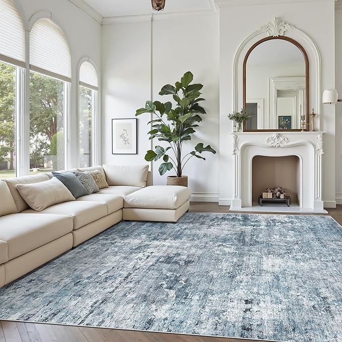 Soalmost Washable Area Rug 8x12, Large Soft Rugs for Living Room Vintage Blue/Grey Carpet 8x12 Area Rugs for Bedroom Dining Room Non-Slip Stain Resistant Under Table Rug