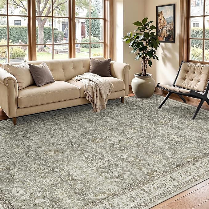 Neutral Gray 6x9 Area Rugs, Low Pile Print Washable Rugs for Living Room Bedroom Non Slip, Transitional Modern Faromhouse Carpet Rug for Dining Room Home Office, Gray/Beige/Olive