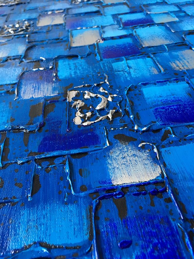 MyArton Large Thick Abstract Dark Blue add Silver Square Wall Art Hand Painted Artwork Textured Oil Painting on Canvas Framed Ready to Hang 60x30inch