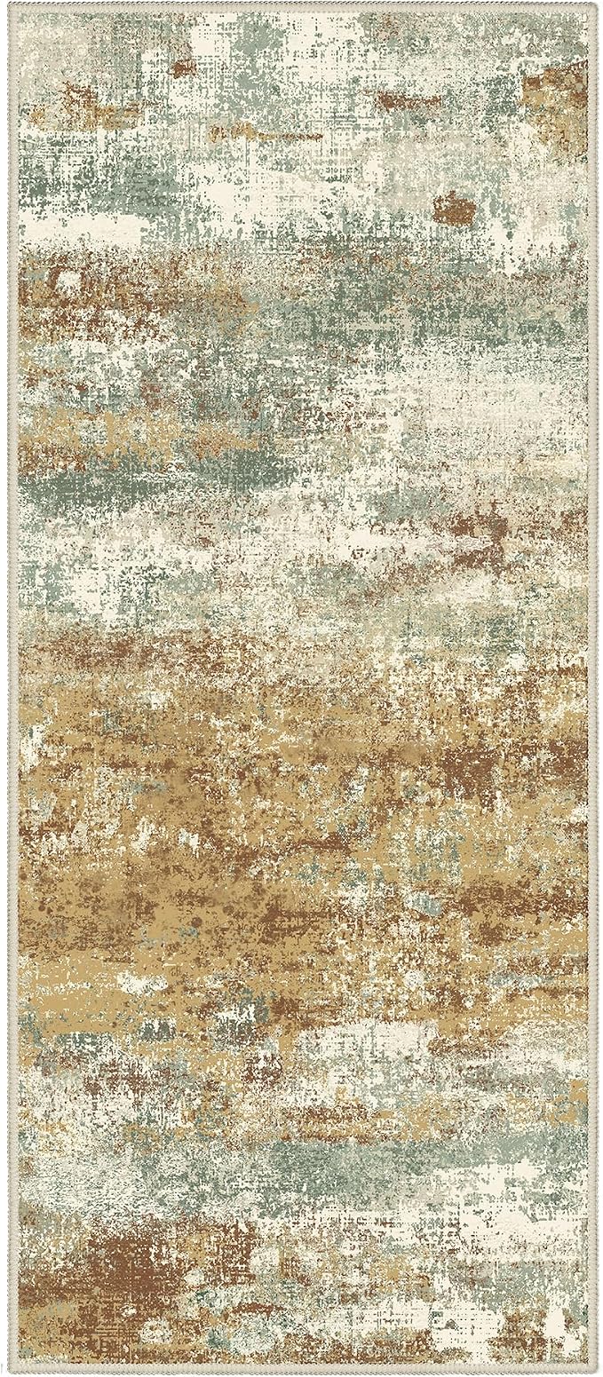 BEIMO Runner Rug for Hallway Kitchen, 2'6"x6' Machine Washable Runners Rug for Entryway, Soft Modern Abstract Throw Rugs, Low Pile Floor Cover with Non Slip Backing, Orange Green