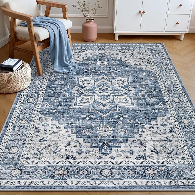 4x6 Area Rugs for Living Room: Washable Rug Soft Vintage Boho Medallion Carpet Indoor Floor Non-Slip Stain Resistant Large Carpets for Bedroom Dining Room Farmhouse Nursery Home Office Blue
