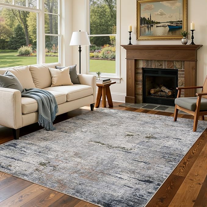 DMOYEST Area Rug Living Room Rugs - 5x7 Washable Large Soft Indoor Neutral Modern Abstract Low Pile Rug Carpet for Bedroom Dining Room Farmhouse Home Office - Blue/Grey/Brown