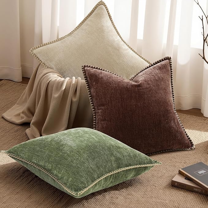 decorUhome Chenille Soft Cozy Throw Pillow Covers 16x16 Set of 2, Modern Farmhouse Boho Velvet Decorative Pillow Cases with Stitched Edge for Couch Sofa Bed Home Decor, Chocolate