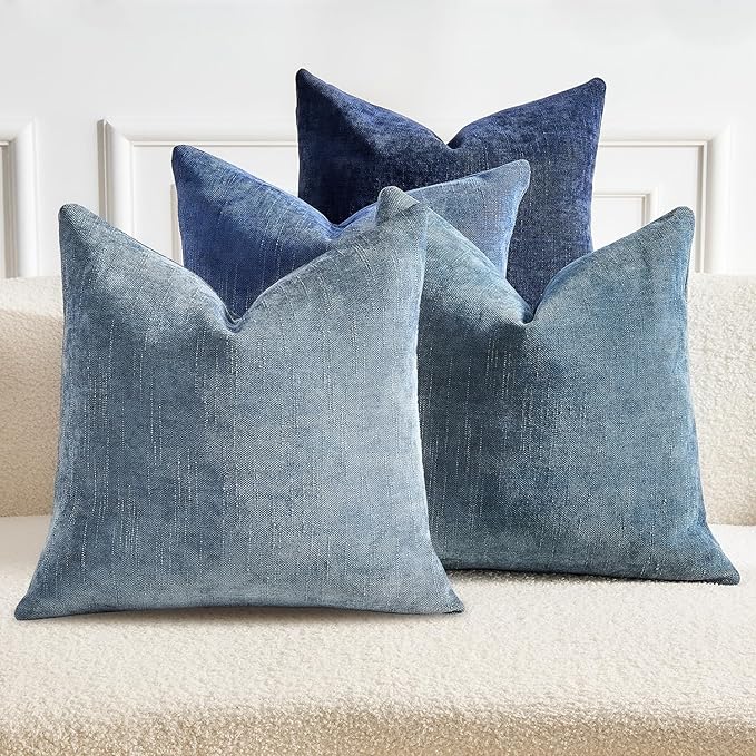 Pack of 4 Throw Pillow Covers 20x20 Inch Chenille Textured Neutral Blue Soft Pillow Covers Solid Decorative Farmhouse Cushion Covers Home Boho Decor for Couch Sofa Bed Living Room