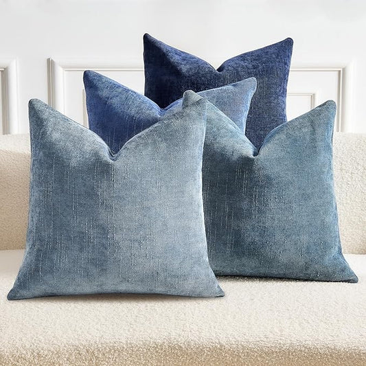 Pack of 4 Throw Pillow Covers 20x20 Inch Chenille Textured Neutral Blue Soft Pillow Covers Solid Decorative Farmhouse Cushion Covers Home Boho Decor for Couch Sofa Bed Living Room