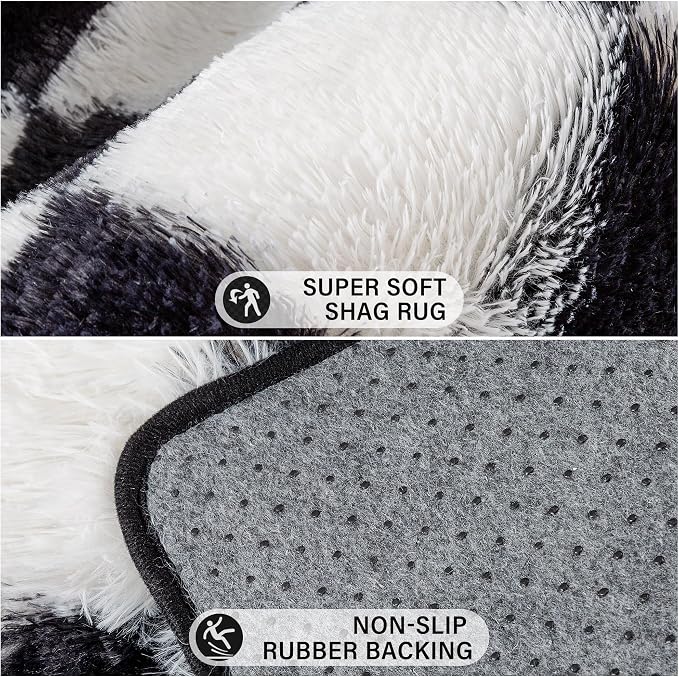PureCozy Checkered Round Rugs 5ft for Living Room, Black and White Modern Shag Rugs Super Soft Washable Fluffy Indoor Office Carpet for Bedroom Home Dorm Aesthetic Decor