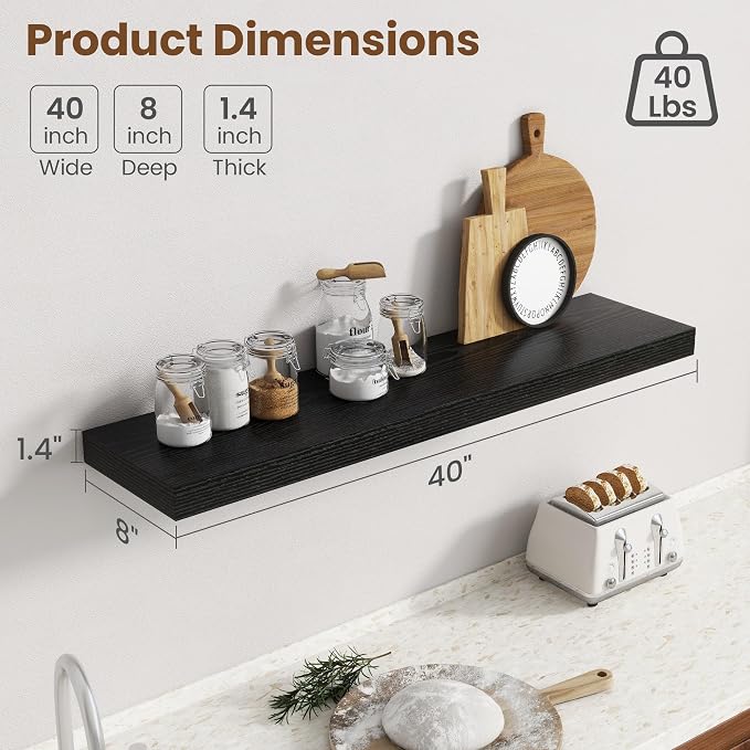 40 Inch Floating Shelves for Wall, 8 Inch Deep Floating Shelf for Storage & Display, Rustic Wall Mounted Shelf with Invisible Brackets for Living Room, Kitchen, Bathroom, Home Decor, Set of 2, Black