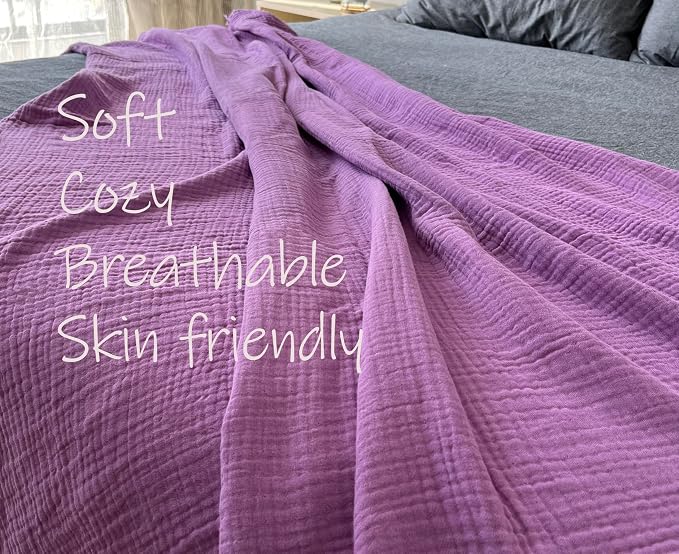 KyraHome 100% Organic Cotton Throw Blanket 60"x80" Large Muslin Blanket for Couch,Pre-Washed Plant Dyed, Breathable Lightweight Gauze Summer Blanket, All Season (Lavender Purple)