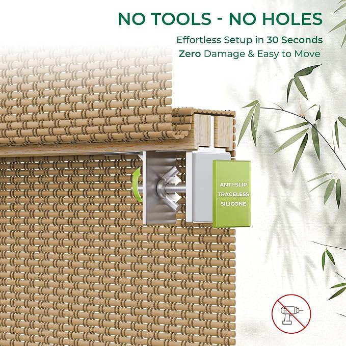 Allesin zen No Drill Cordless Bamboo Roman Shades, Light Filtering 20" W x 64" H, Brown