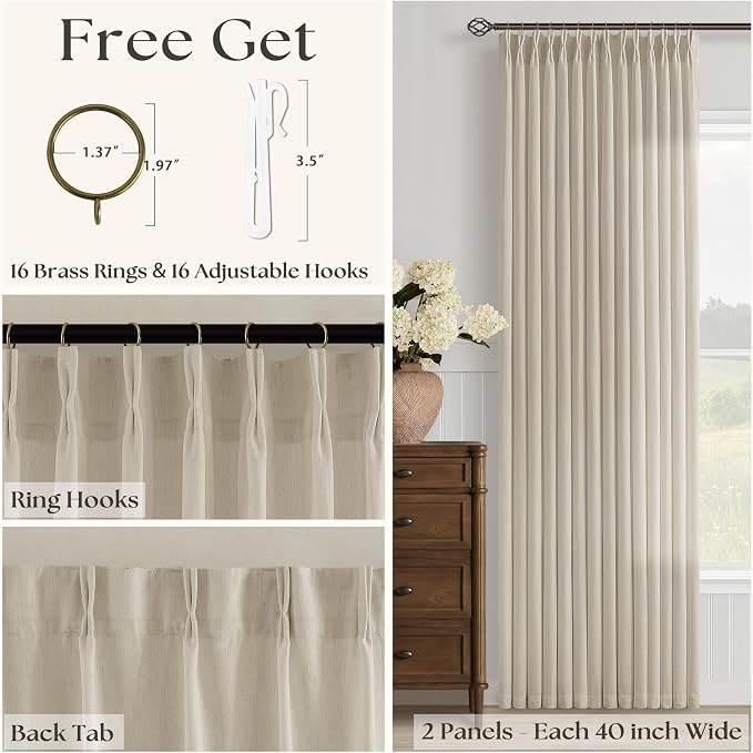 94 Inch Pinch Pleated Linen Curtains 2 Panels for Living Room Bedroom Country Farmhouse Burlap Flax Thick Linen Textured Semi Sheer Back Tab Pinch Pleat Hooks Rings 94 Inch Window Curtain Natural